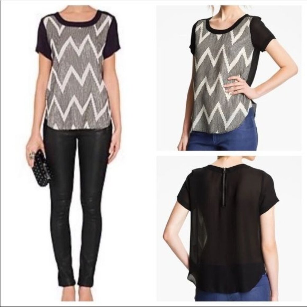 L'AGENCE 100% Silk Sequin Chevron Zig Zag short sleeve Blouse size 4 - Picture 10 of 10